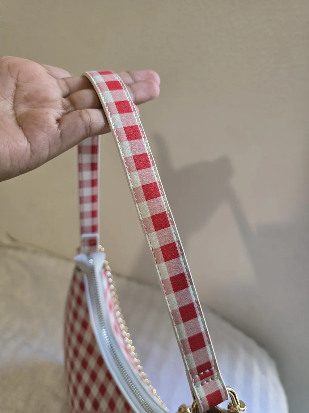 Aldo Red and White Gingham Crescent Shoulder Bag with Gold Chain